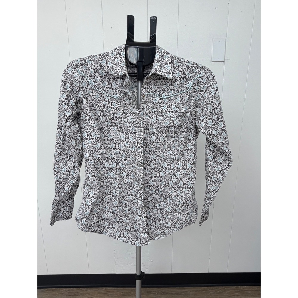 Ariat Western Shirt Women M Blue Brown Floral Pearl Snap Long Sleeve Excellent